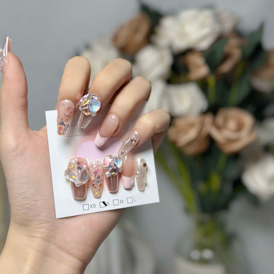 H67 NUDE PINK AURORA PIGEON EGG DIAMOND HANDMADE NAIL