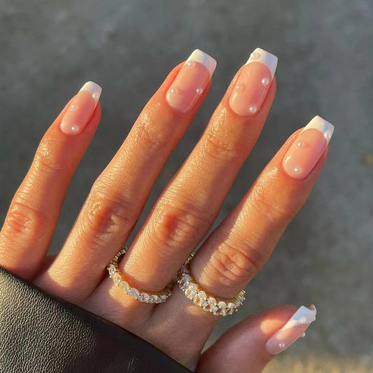 S48 Light pink white border with small pearl SHORT NAIL