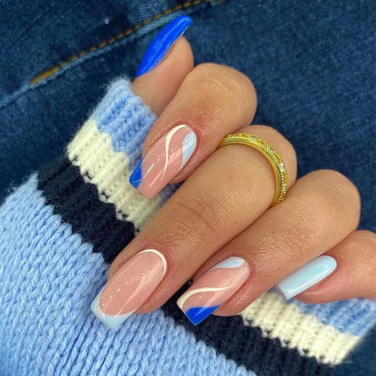 S27 FRENCH BLUE WHITE RIPPLE  SHORT NAIL