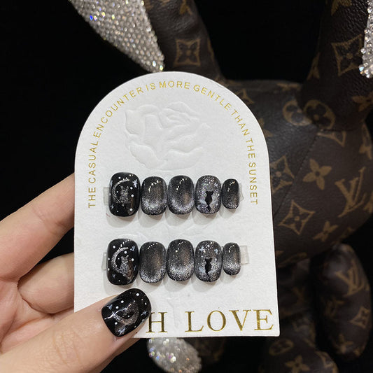 HK22 STARRY SKY BLACK CAT EYE HANDMADE NAIL