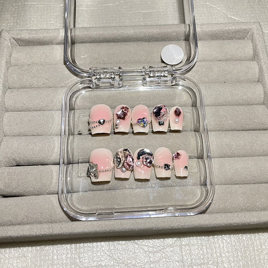 H43 NUDE PINK STAR GEM HEART HANDMADE NAIL