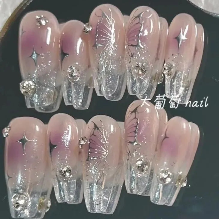 H120 BLUSH BUTTERFLY COFFIN HANDMADE NAIL