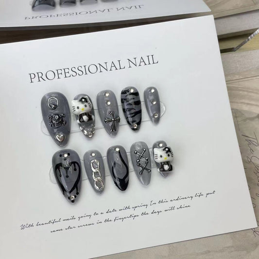 HK14 Grey Toned Cartoon Cat HANDMADE NAIL
