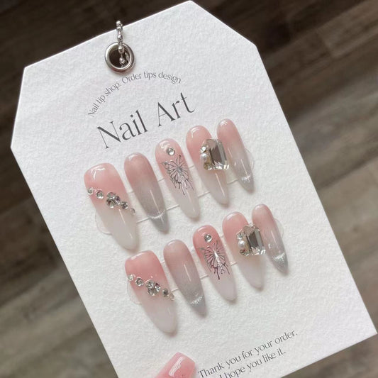 H269 Baby light pink diamond gemstone HANDMADE NAIL