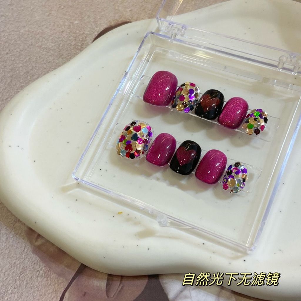 H137 PINK LOVE BLACK CHECKER DIAMOND HANDMADE NAIL