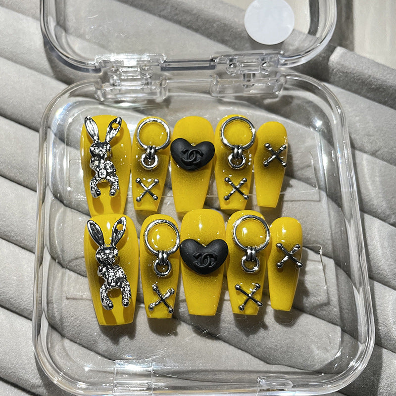 H48 BEIGE RABBIT HEART SILVER THREAD HANDMADE NAIL