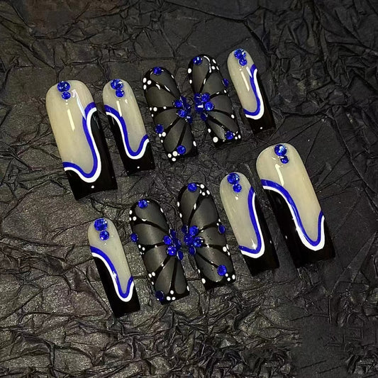 H224 BLACK & WHITE BLUE RIBBON SCIENCE FICTION HANDMADE NAIL