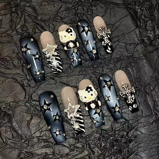 HK2 BLACK STARS Cat HANDMADE NAIL