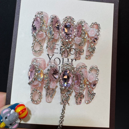 P4 Full Diamond Pigeon Egg Rose Pink Crystal HANDMADE NAIL