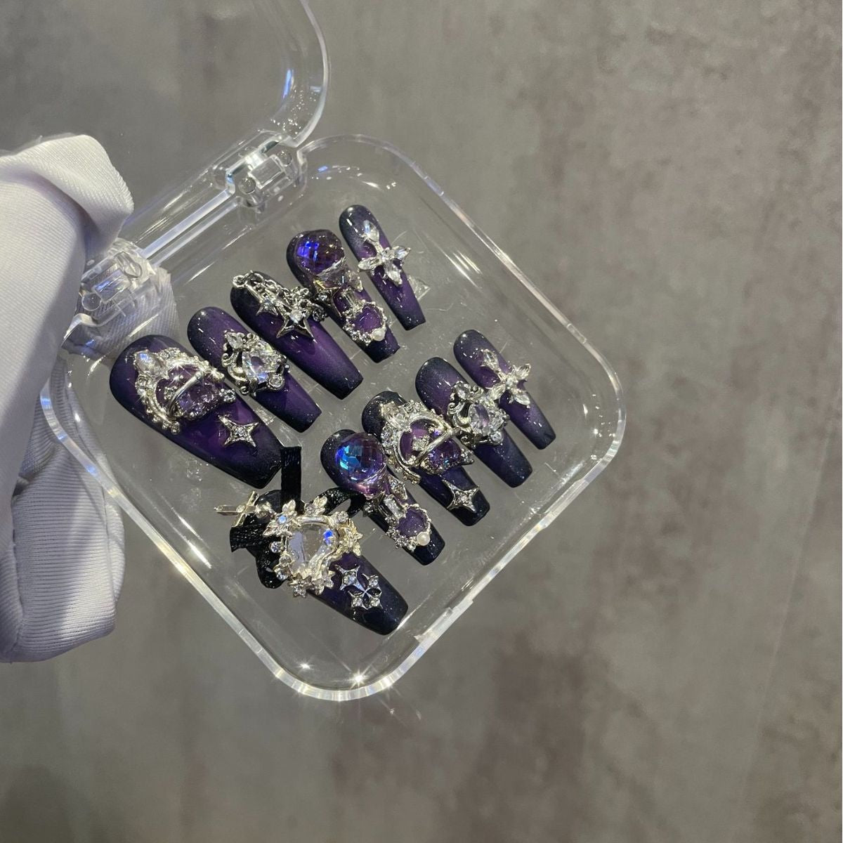 H294 Crown Dark Moon Black Purple Series HANDMADE NAIL