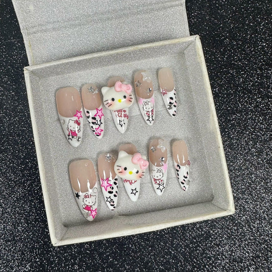 HK38 Pink Leopard Print Pentagram Cat HANDMADE NAIL