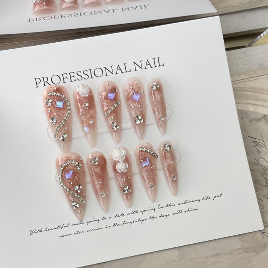 H99 ALMOND ARMOR FULL DIAMOND CAMELLIA HANDMADE NAIL