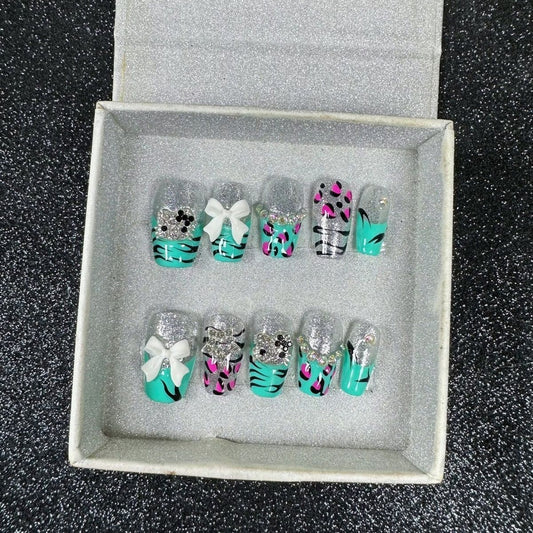 HK48 Watermelon Green Leopard Print Cat HANDMADE NAIL
