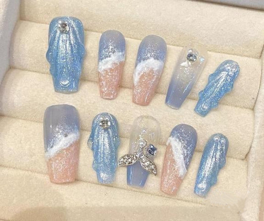 HML13 Ice crystal blue pearl spots HANDMADE NAIL