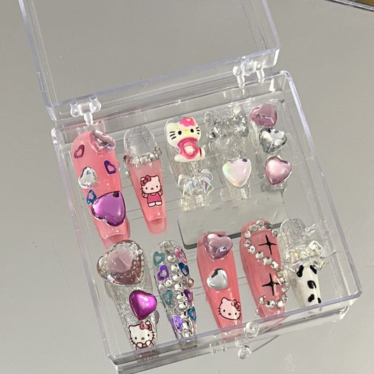 HK29 Baby Pink Pearl Love Cat HANDMADE NAIL