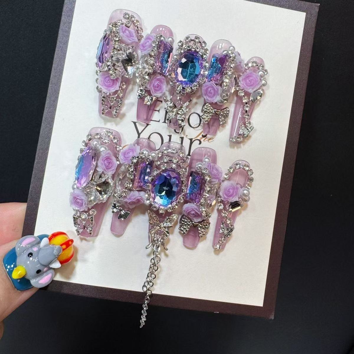 P4 Full Diamond Pigeon Egg Rose Pink Crystal HANDMADE NAIL