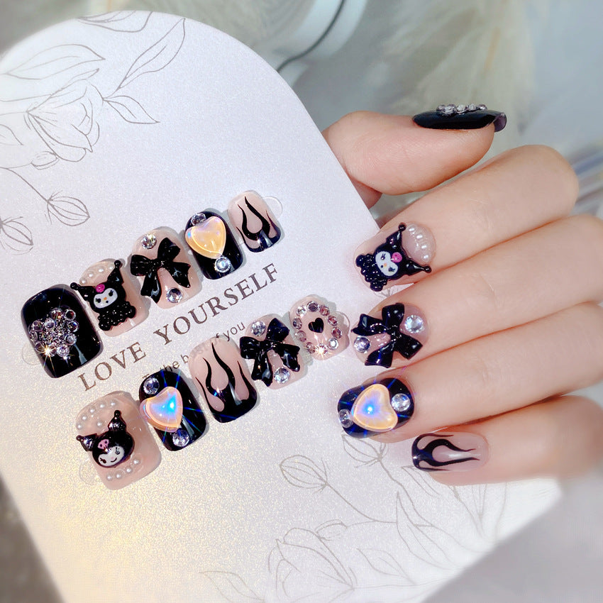 F3 KUKU Black Bow Heart SHORT NAIL
