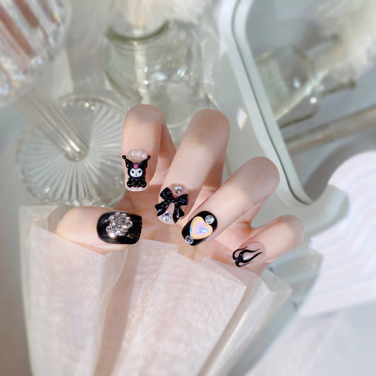 F3 KUKU Black Bow Heart SHORT NAIL