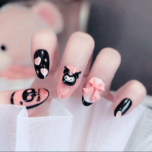 F32 KUKU Black & Pink Bow Heart SHORT NAIL