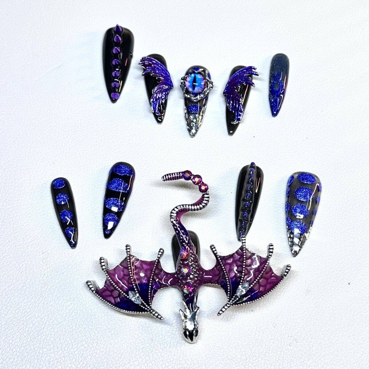H299 Demon Purple Crystal Winged Dragon HANDMADE NAIL