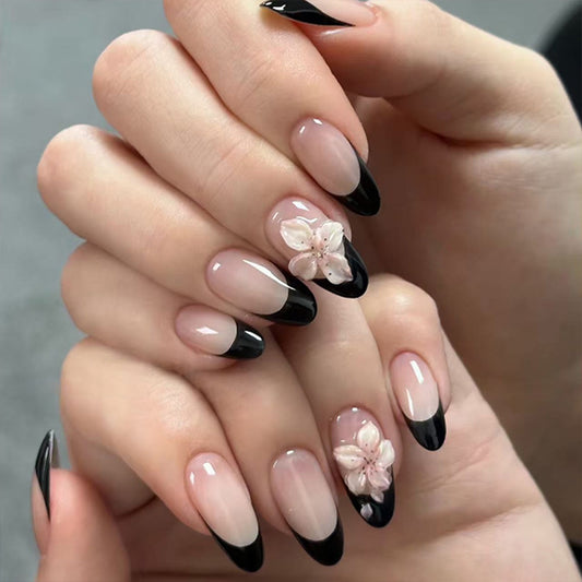 MQ1 Simple French Black Border Peach Blossom NAIL