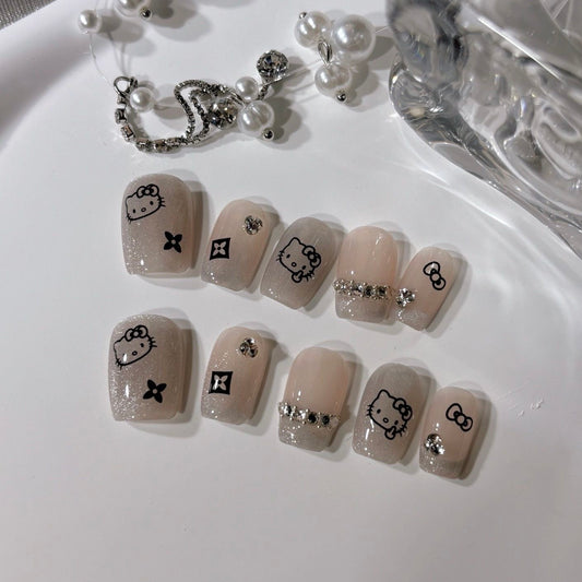HK64 Bow Cat's Eye Middle Finger Cat HANDMADE NAIL