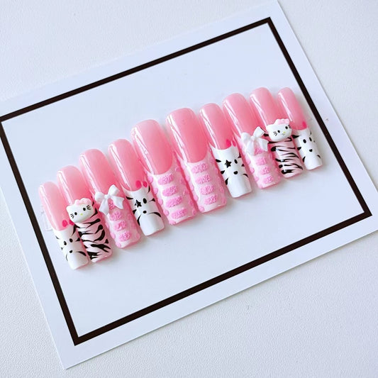 HK34 Bright Pink Cream Cake Leopard Print Cat HANDMADE NAIL