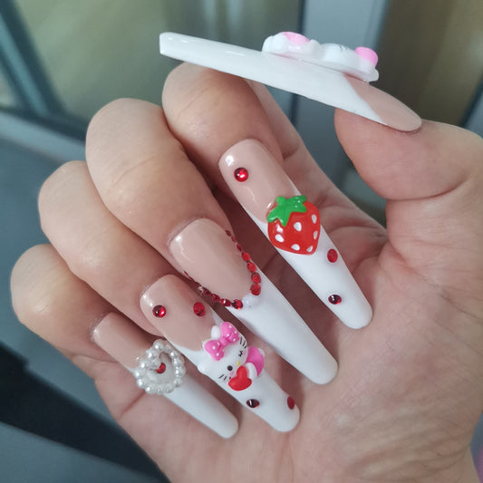 HK33 Strawberry Sweetheart Cream White Cat HANDMADE NAIL