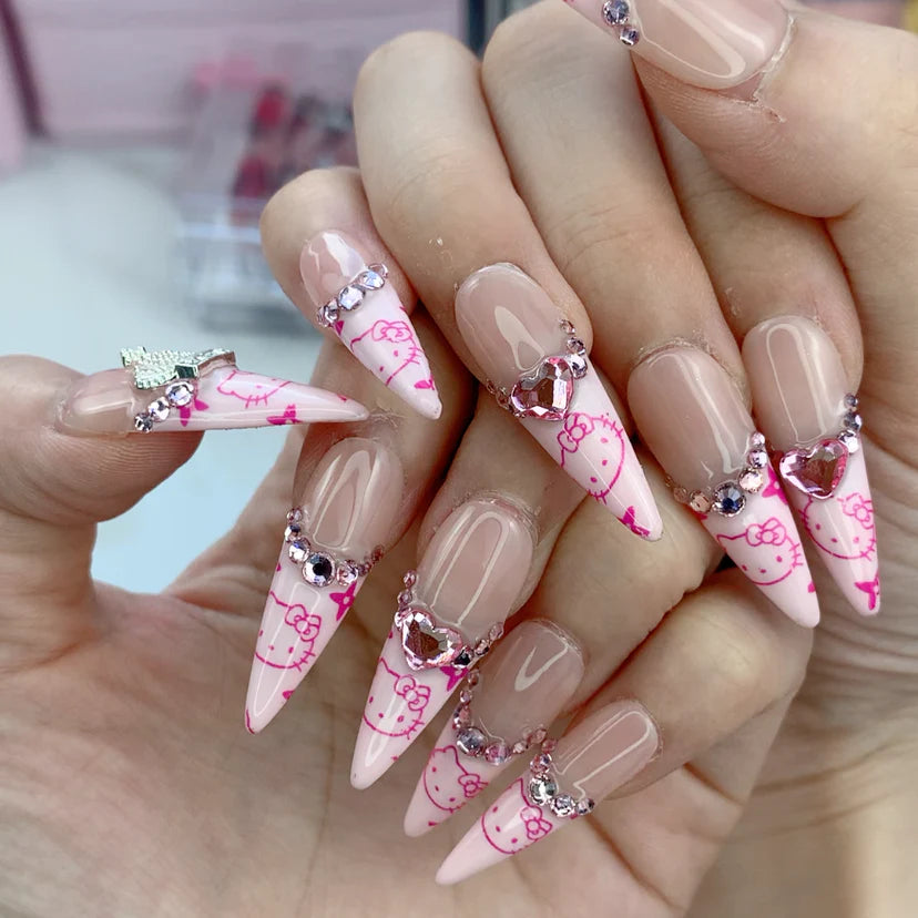 HK11 LONG ALMOND FRENCH Cat HANDMADE NAIL