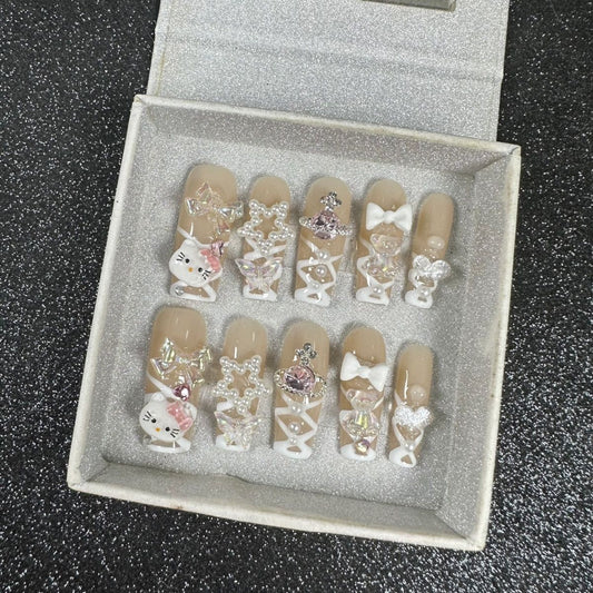 HK49 Skin color Pearl Pentagram Cat HANDMADE NAIL