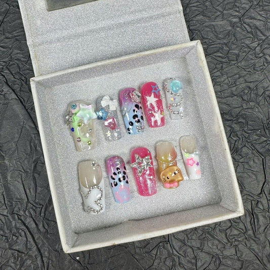 HK50 Star Leopard Print Magic Mirror Pink Cat HANDMADE NAIL