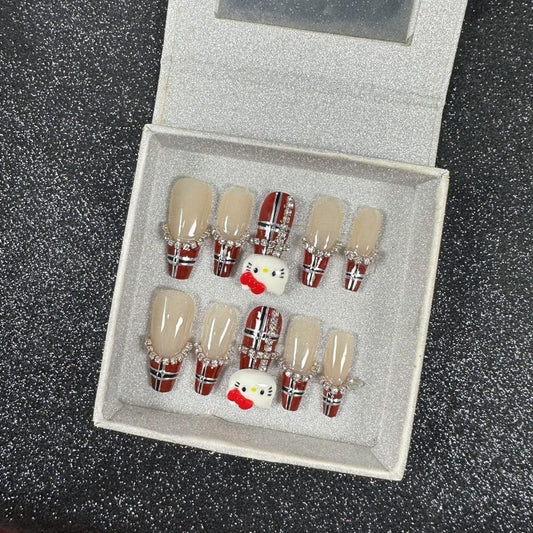 HK52 Christmas Red Black Stripe Cat HANDMADE NAIL