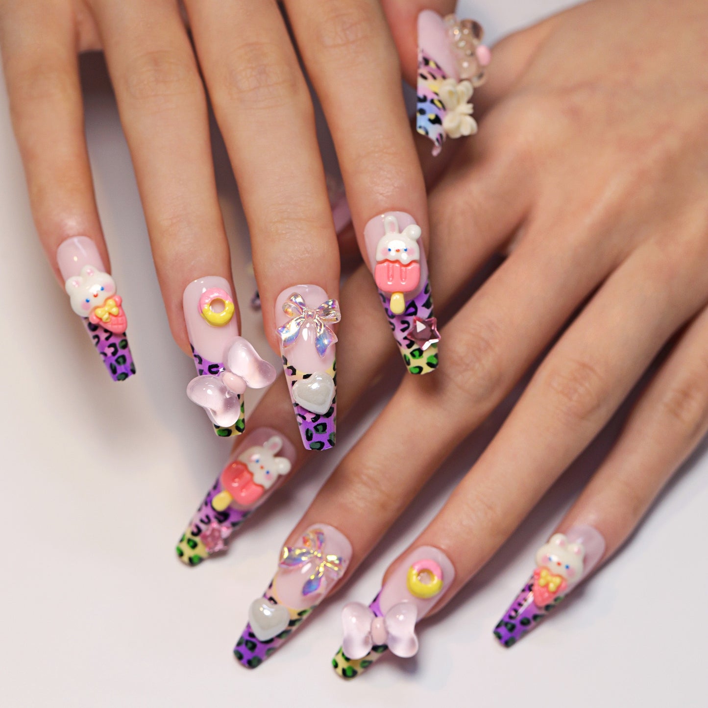 F53 Purple Quartz Leopard Print Cute Bunny MEDIUM NAIL