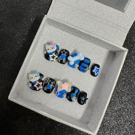 HK39 Y2k Blue Agate Pentagram Cat HANDMADE NAIL