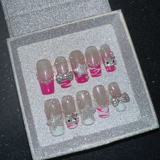 HK44 INS Pink Striped Star Cat HANDMADE NAIL