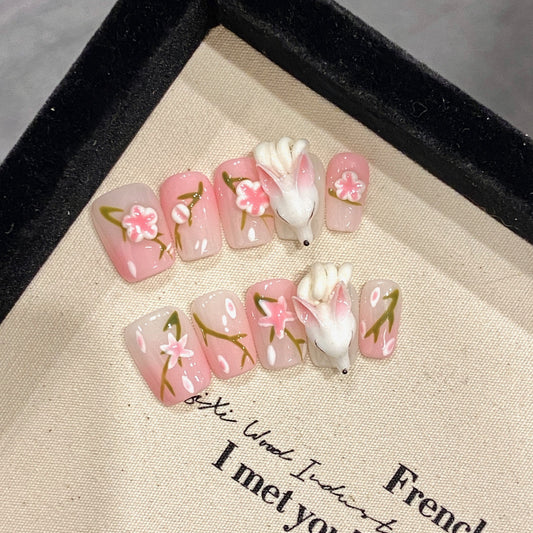 HX2 Cute Sakura Pink Fox HANDMADE NAIL