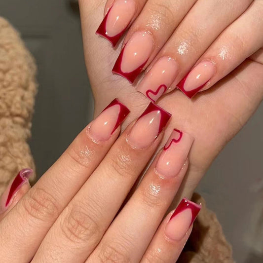 S34 SIMPLE WINE RED HEART EUROPEAN STYLE SHORT NAIL