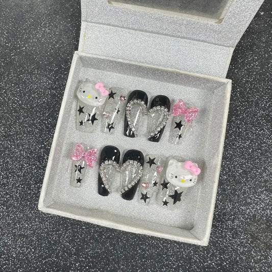 HK45 Cute Bow With Hollow Carving Cat HANDMADE NAIL