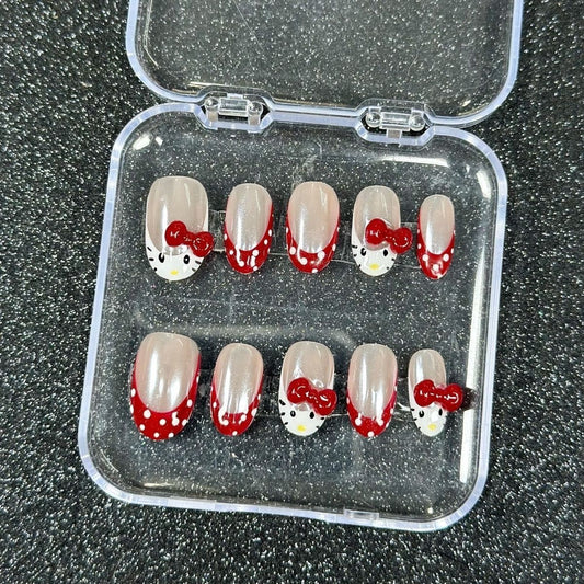 HK57 Retro Cartoon Aurora Pearl White Cat HANDMADE NAIL