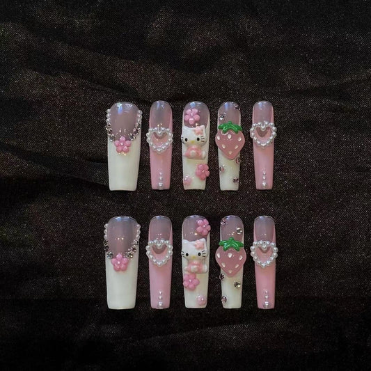 HK25 Strawberry Heart Flower Cat HANDMADE NAIL