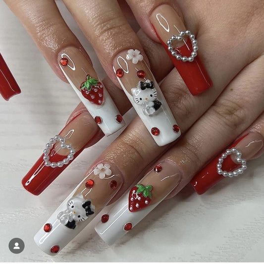 HK26 Wine Red Sticker Cute Strawberry Heart Cat HANDMADE NAIL