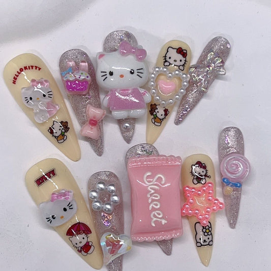 HK32 Milk Coffee Pink Candy Cat HANDMADE NAIL