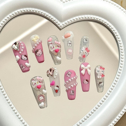 HK29 Baby Pink Pearl Love Cat HANDMADE NAIL