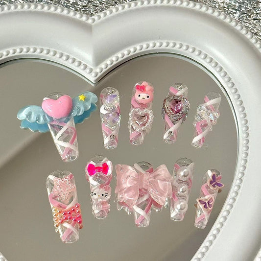 HK28 Pink Love Cute Melod.y Wings Cat HANDMADE NAIL