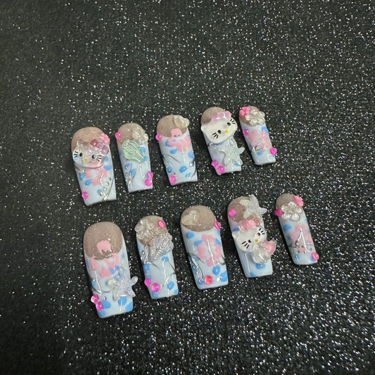 HK37 Sea blue Starfish Conch Cat HANDMADE NAIL