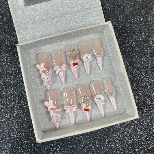 HK42 French Rabbit Ear Donut Cat HANDMADE NAIL