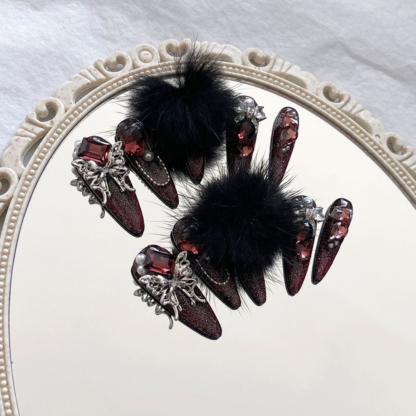 H308 HARMING ELF RED & BLACK LUXURY DIAMONDS HANDMADE NAIL