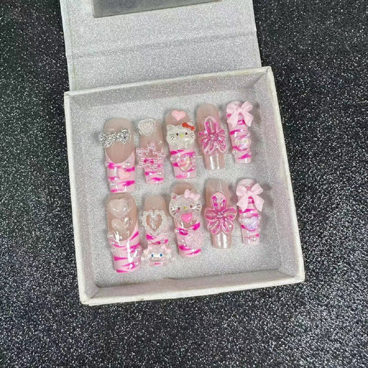 HK46 Pink Peach Blossom Bow Cat HANDMADE NAIL