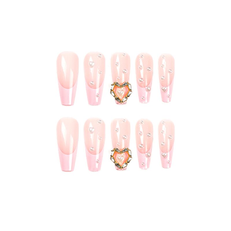 L48 sakura Pink Pearl Gold Heart LONG NAIL