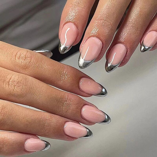 S60 Baby pink & silver pointed SHORT NAIL